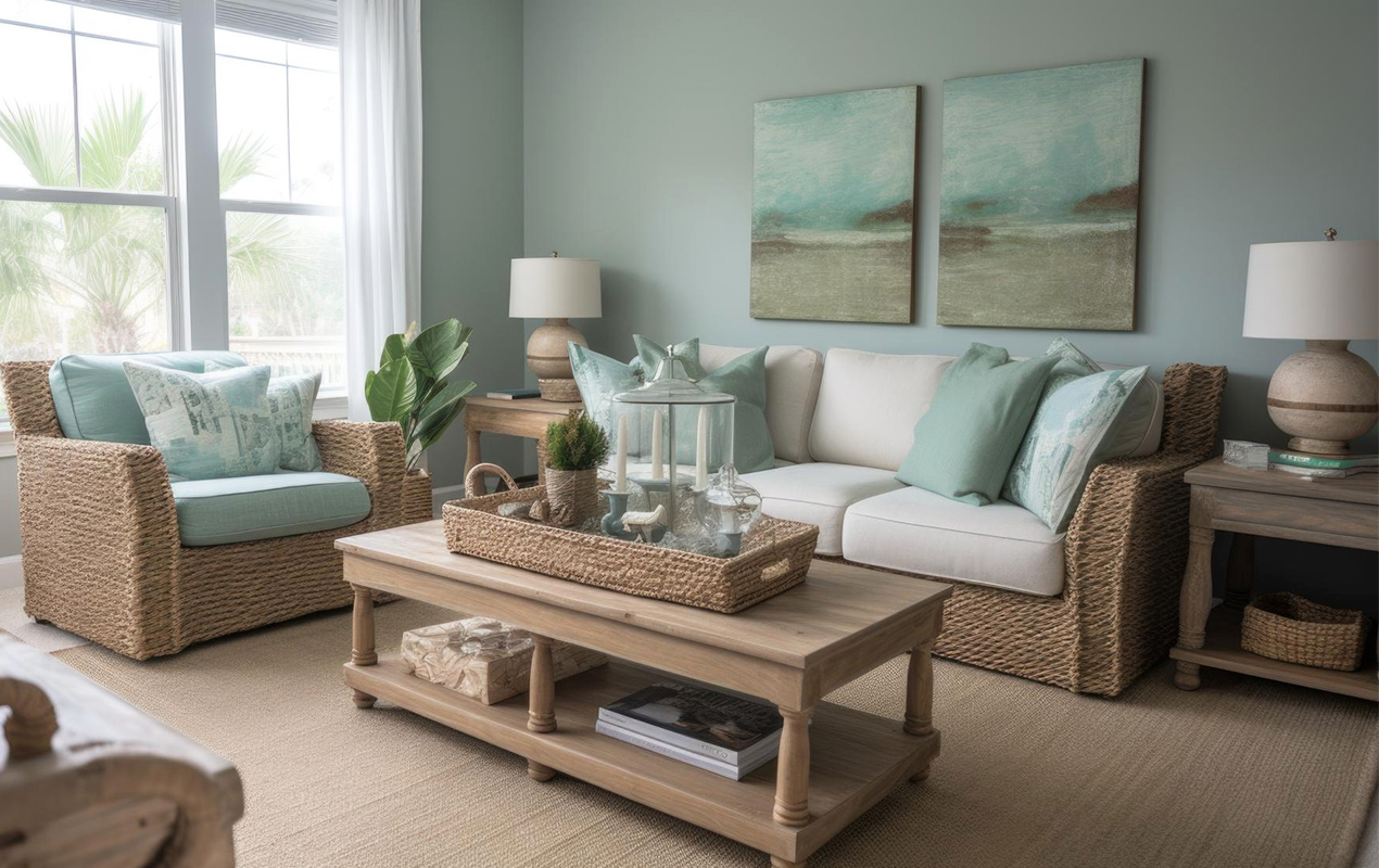 Living room with coastal table with storage and decor