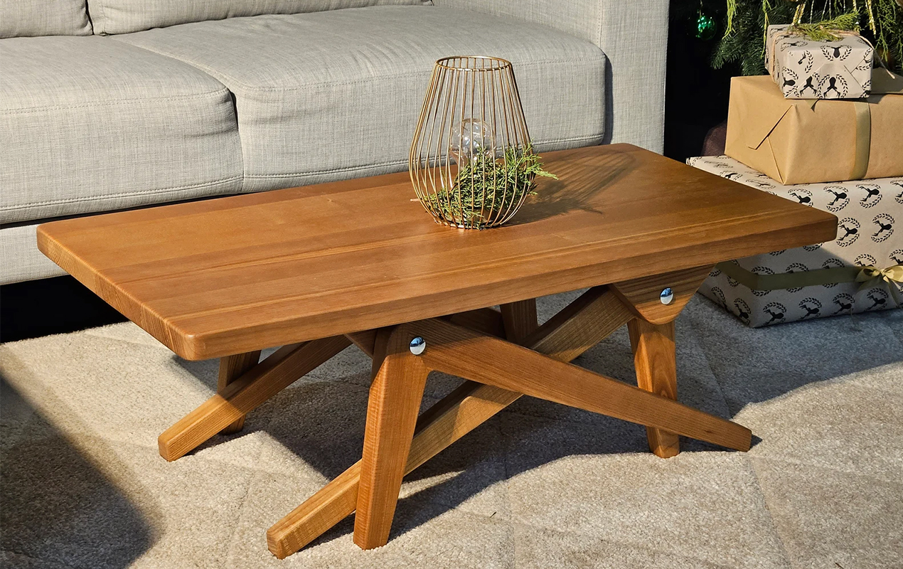 Rustic Elegance Handcrafted Hardwood Coffee Table and Cozy Sofa