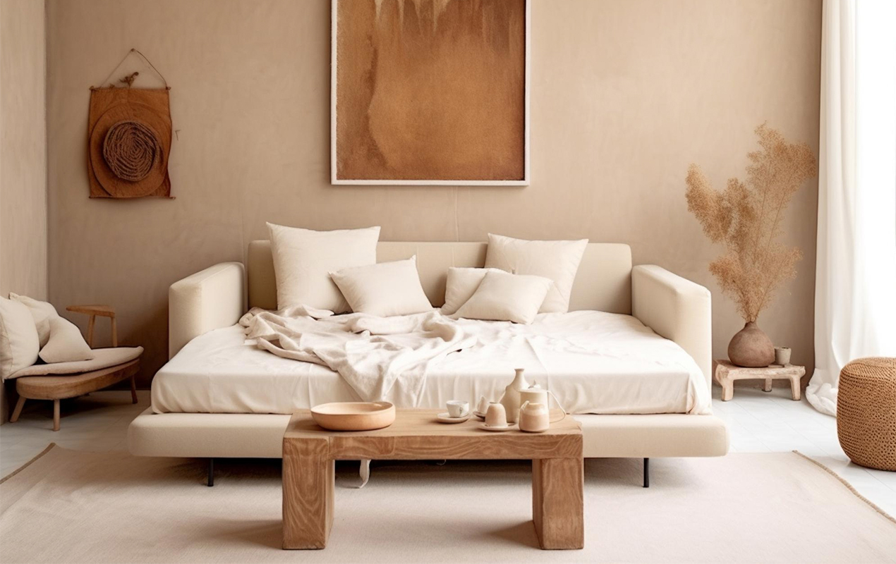 Living room with white soda and wooden table