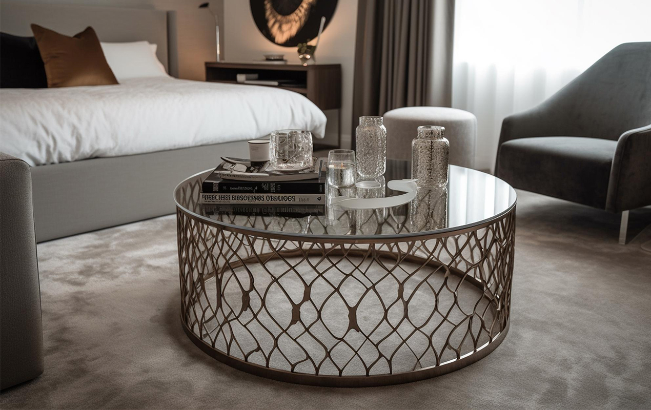 Sophisticated Symmetry Elevating Luxury with a Round Glass-Top Coffee Table and Stainless Steel Geometric Base