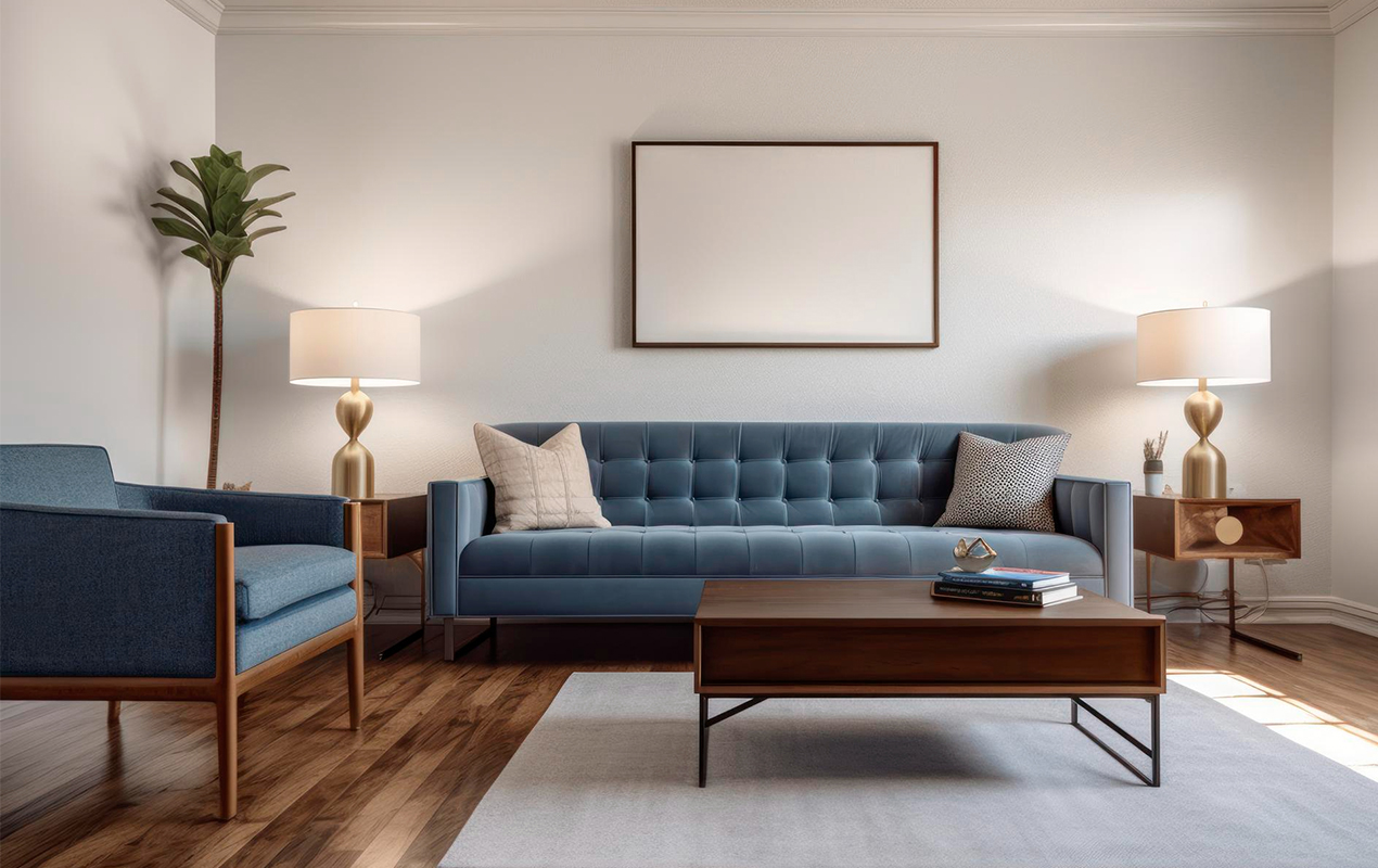 Living room interior with blue sofa and dark wood table 