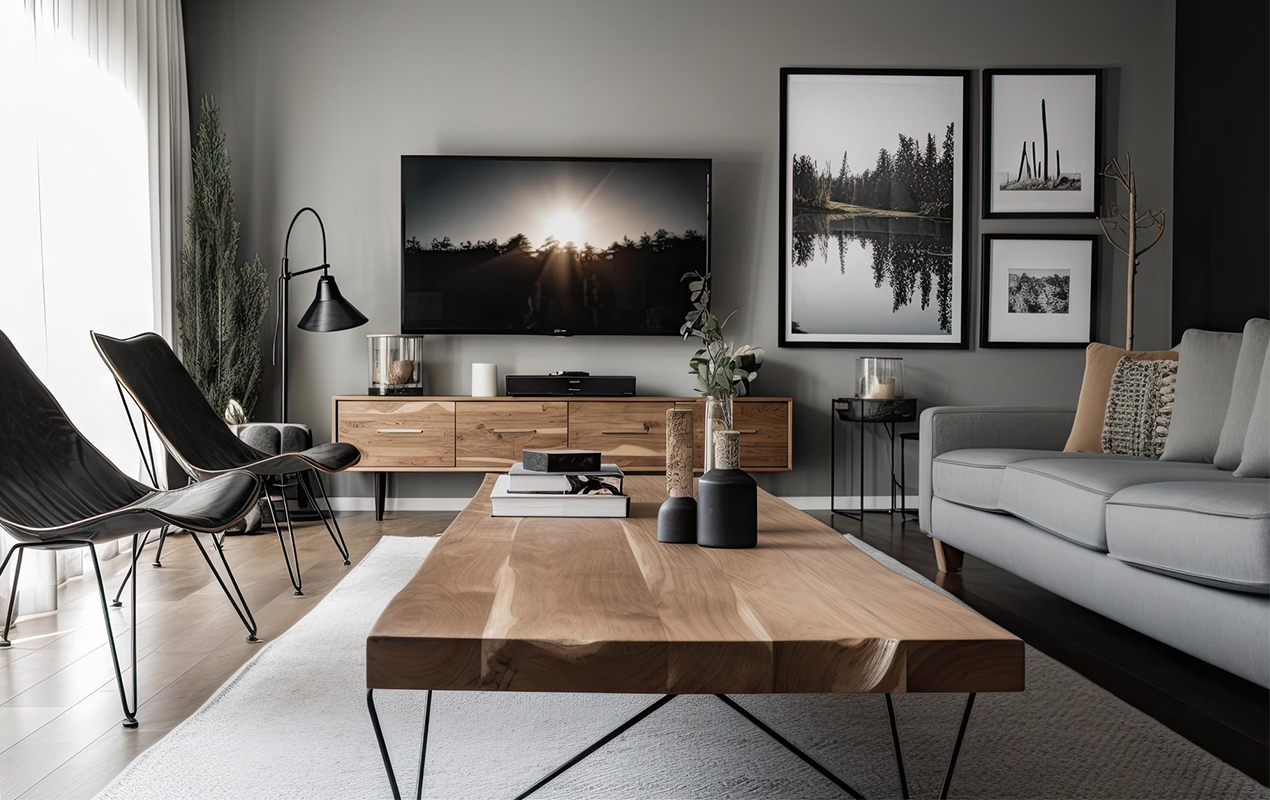 Living room with two chairs and a gray sofa