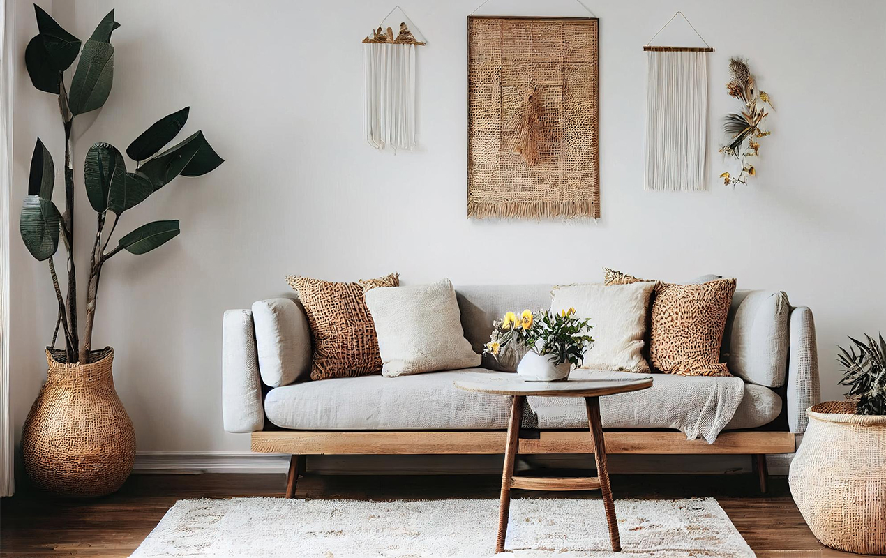 White living room with wooden accents