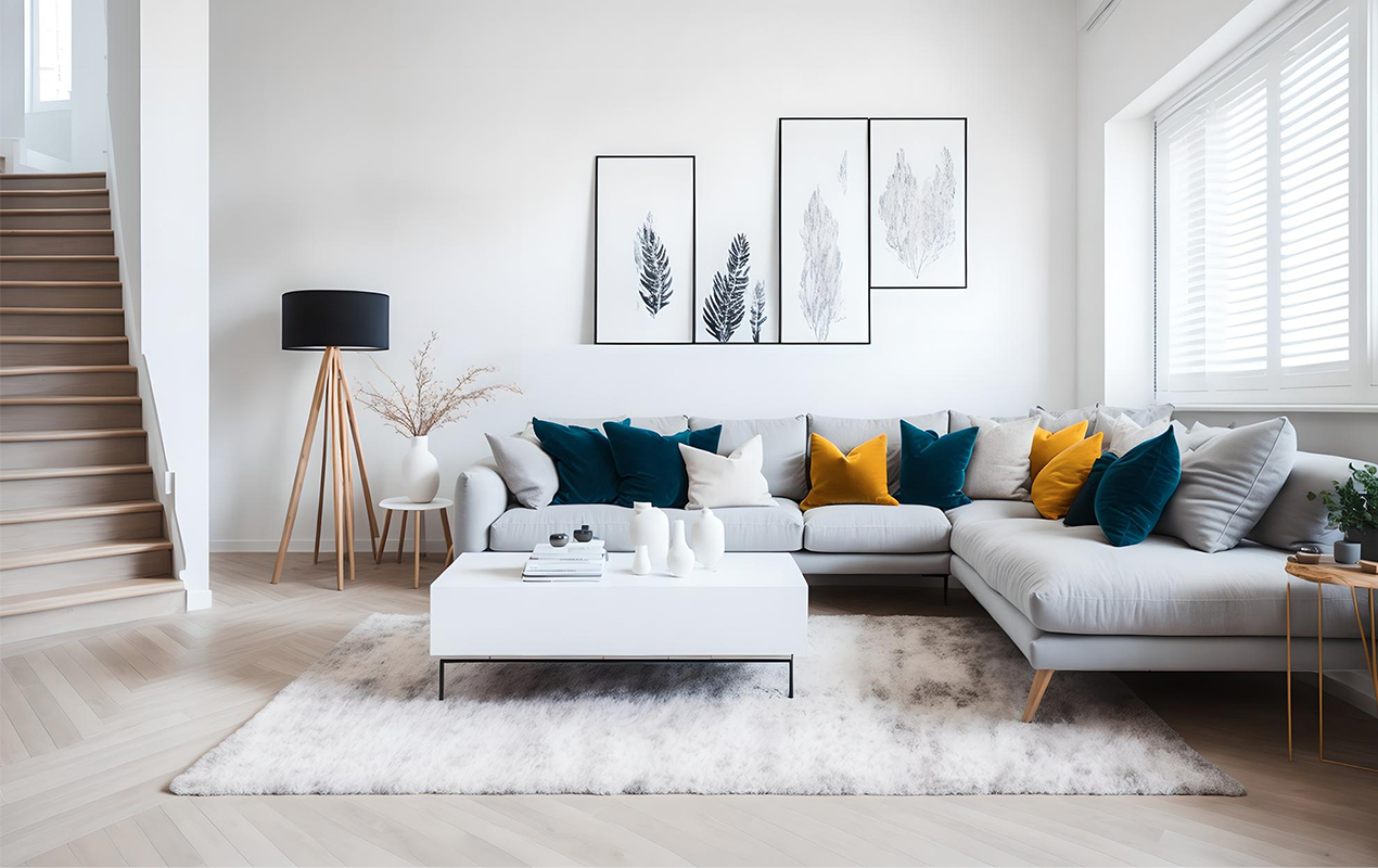 Living room with white coffee table and L-shape sofa