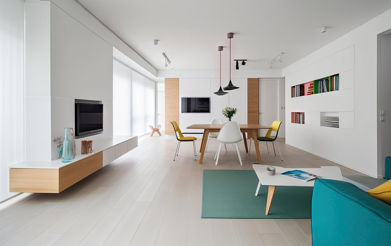 White living room with colorful accents