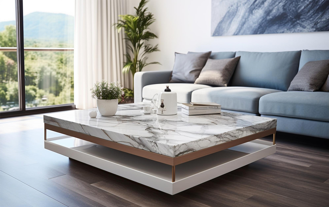 Living room interior with white marble coffee table