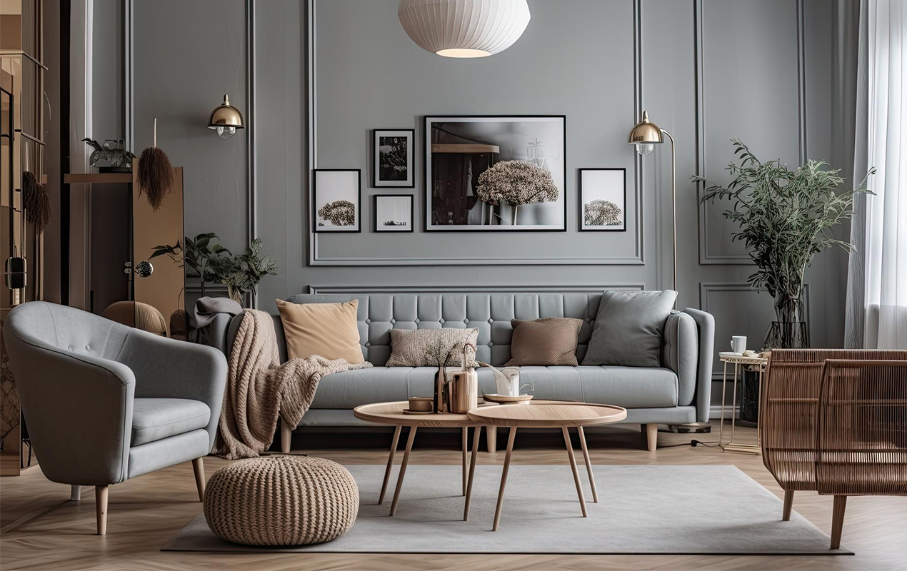 Living room interior with gray wainscoting walls