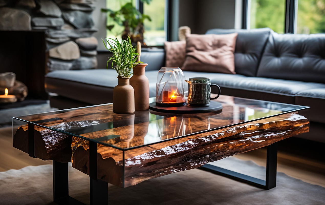 Living room with glass and wood table