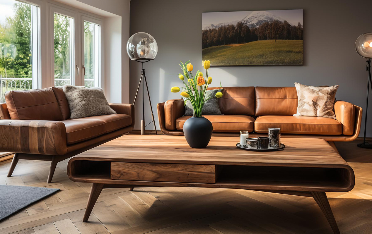 Living room interior with mid century table