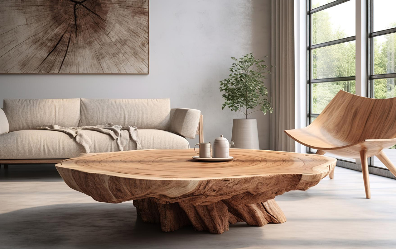 Living room interior with live edge table and neutral sofa