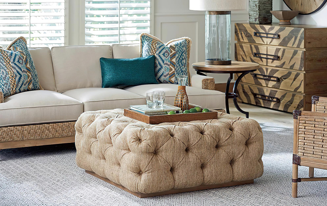 White home interior with tuft upholstered square table