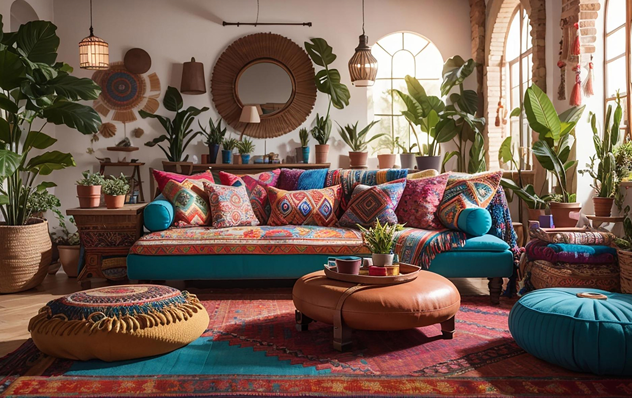 Living room interior with leather ottoman table