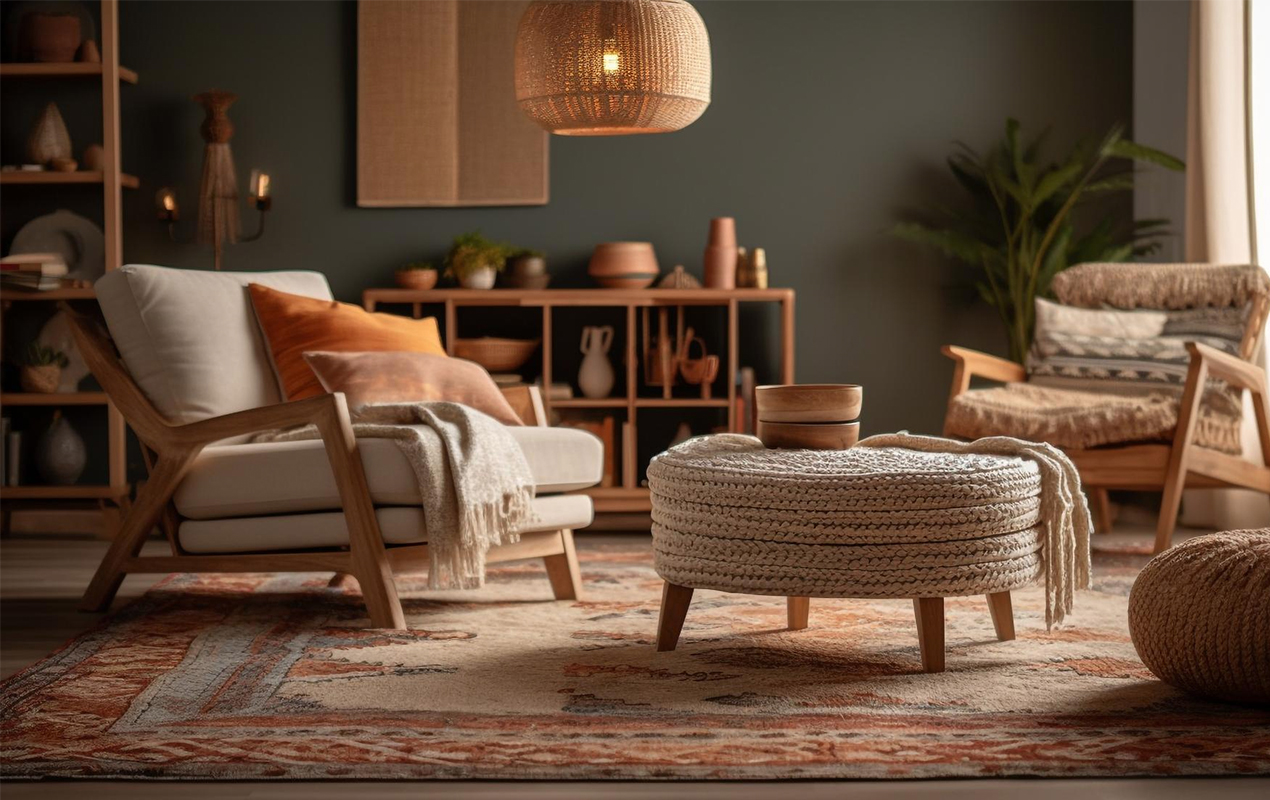 Bohemian living room with armchair and round table