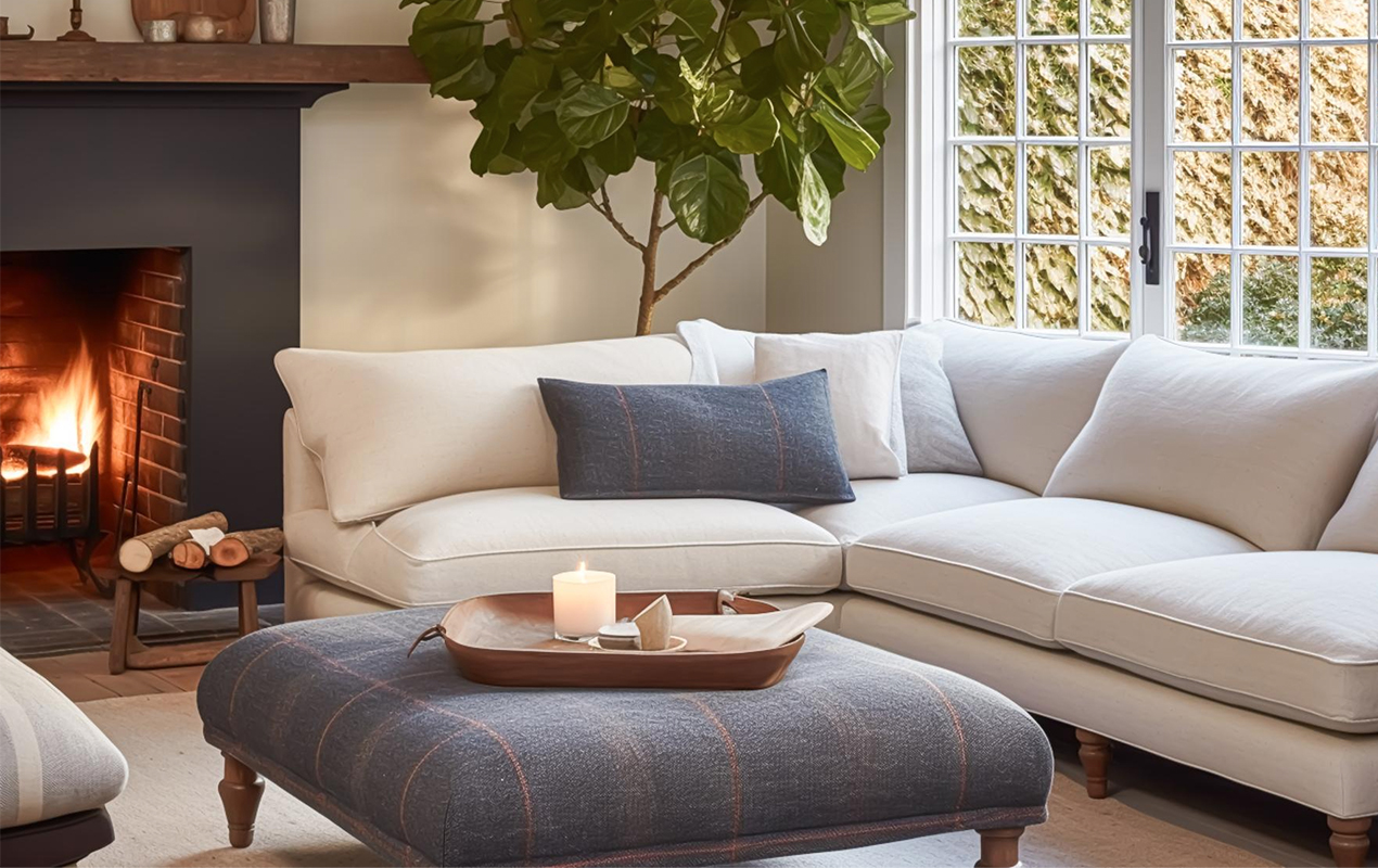 White living room with blue ottoman coffee table