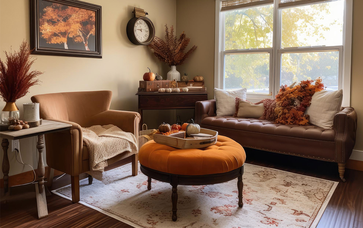 Neutral living room with round upholstered table
