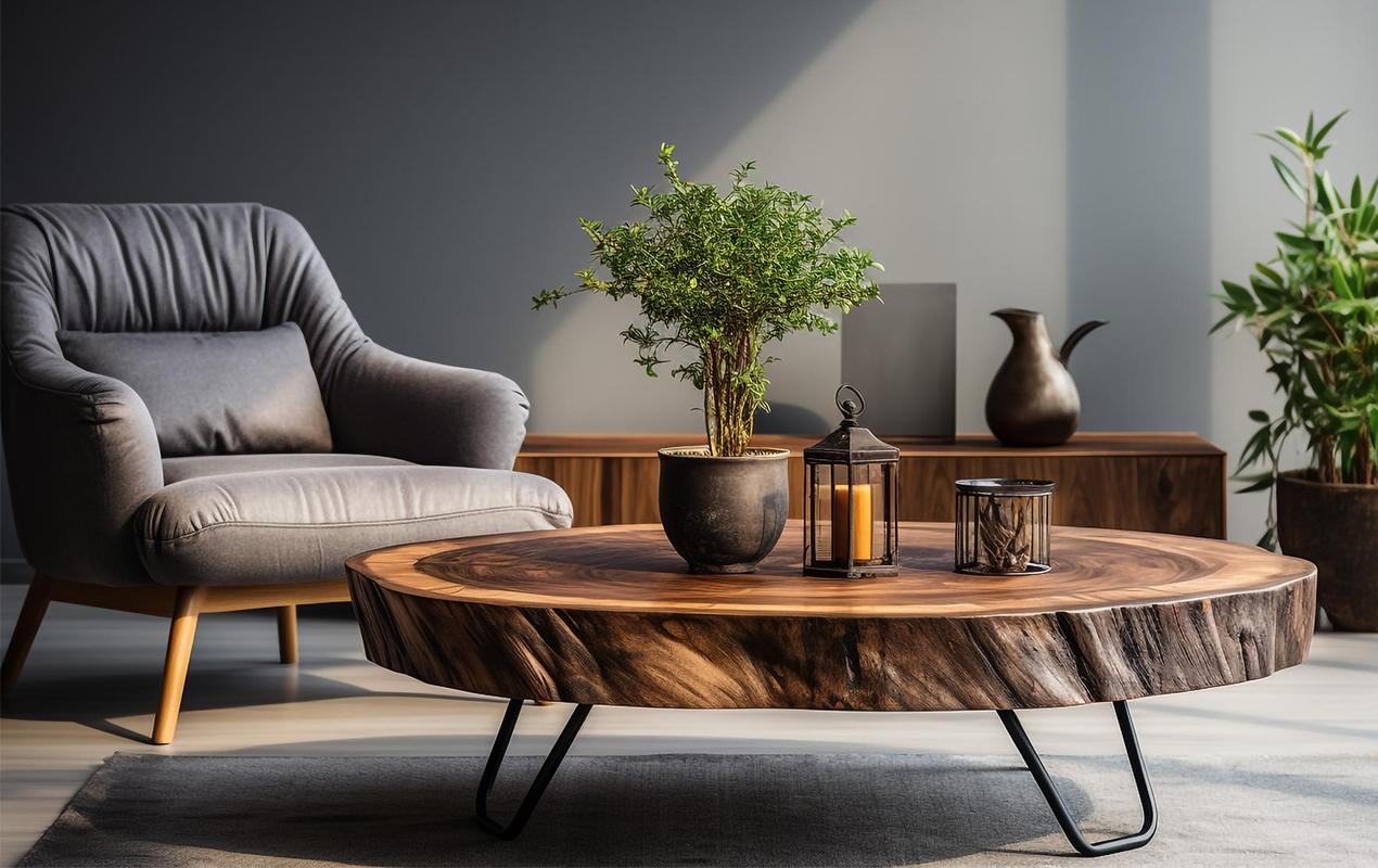 Living room with live edge table and gray armchair