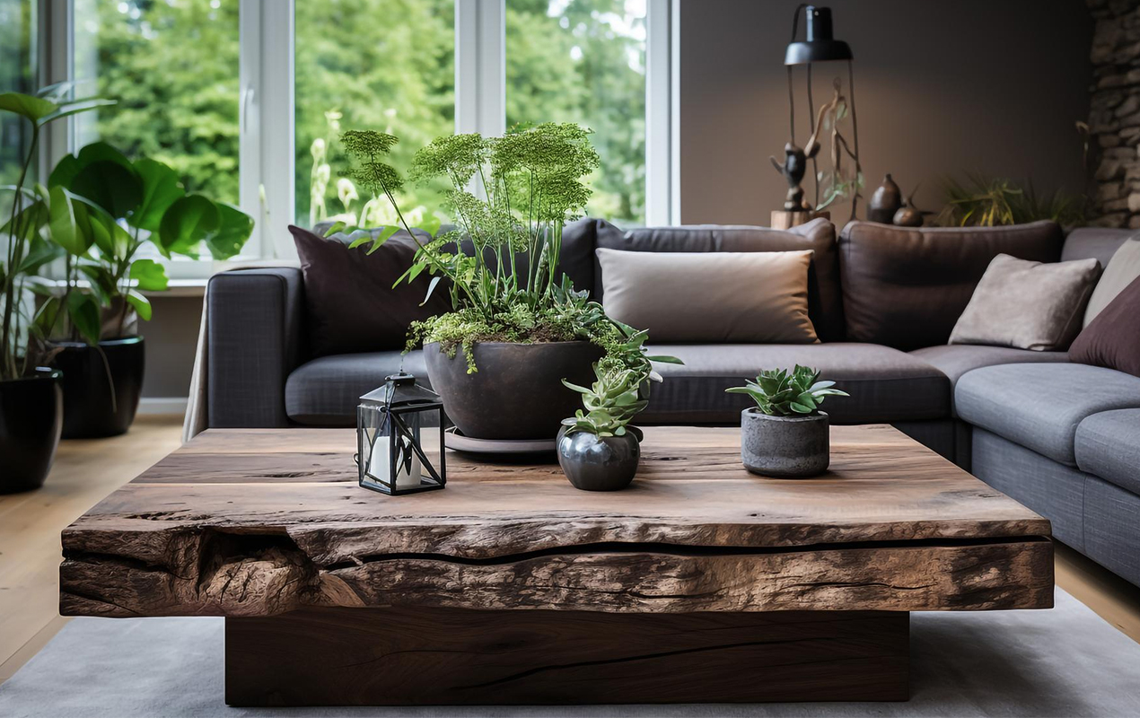 Living room with greenery and rustic table