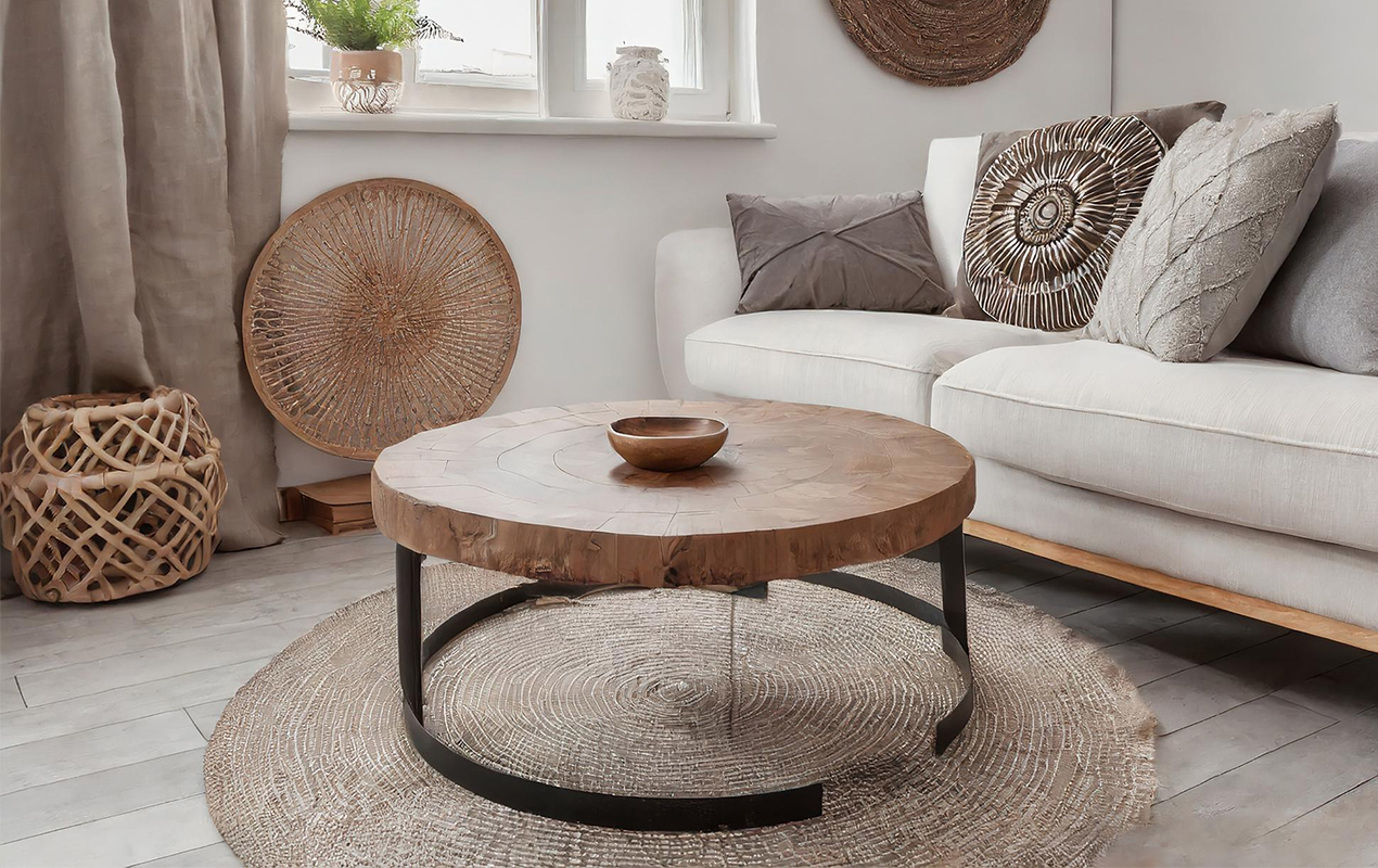 White living room with round table