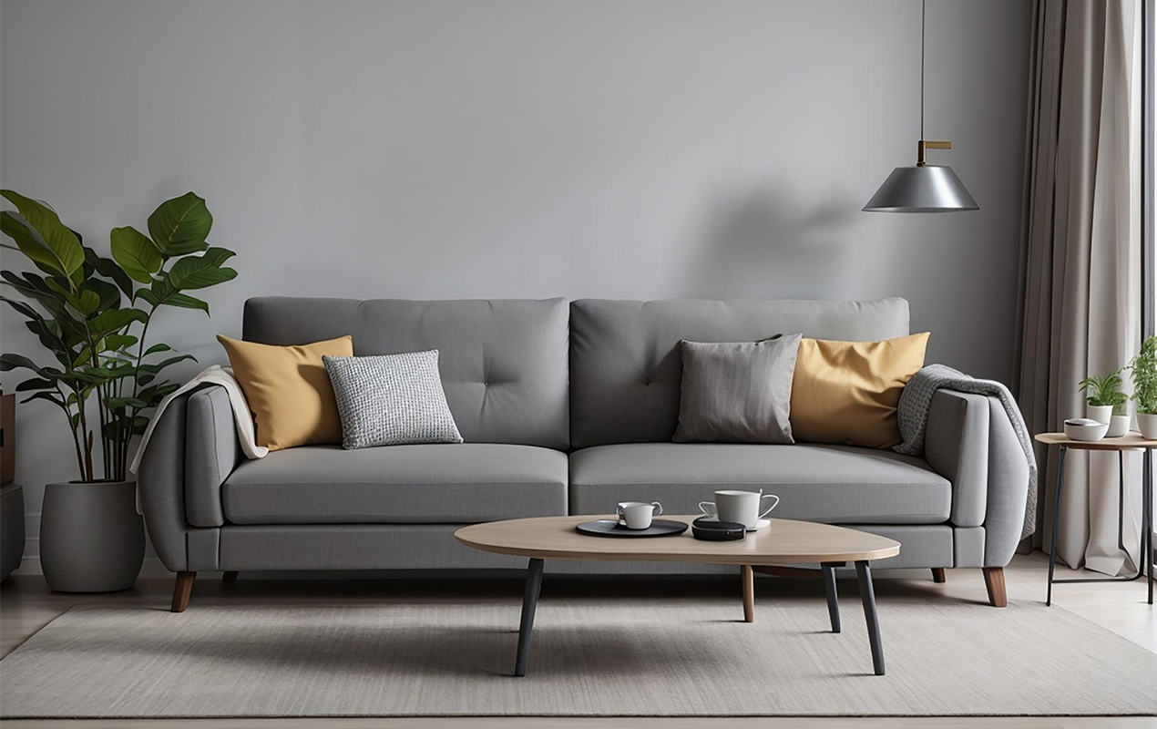 Home interior with gray soda and oval coffee table