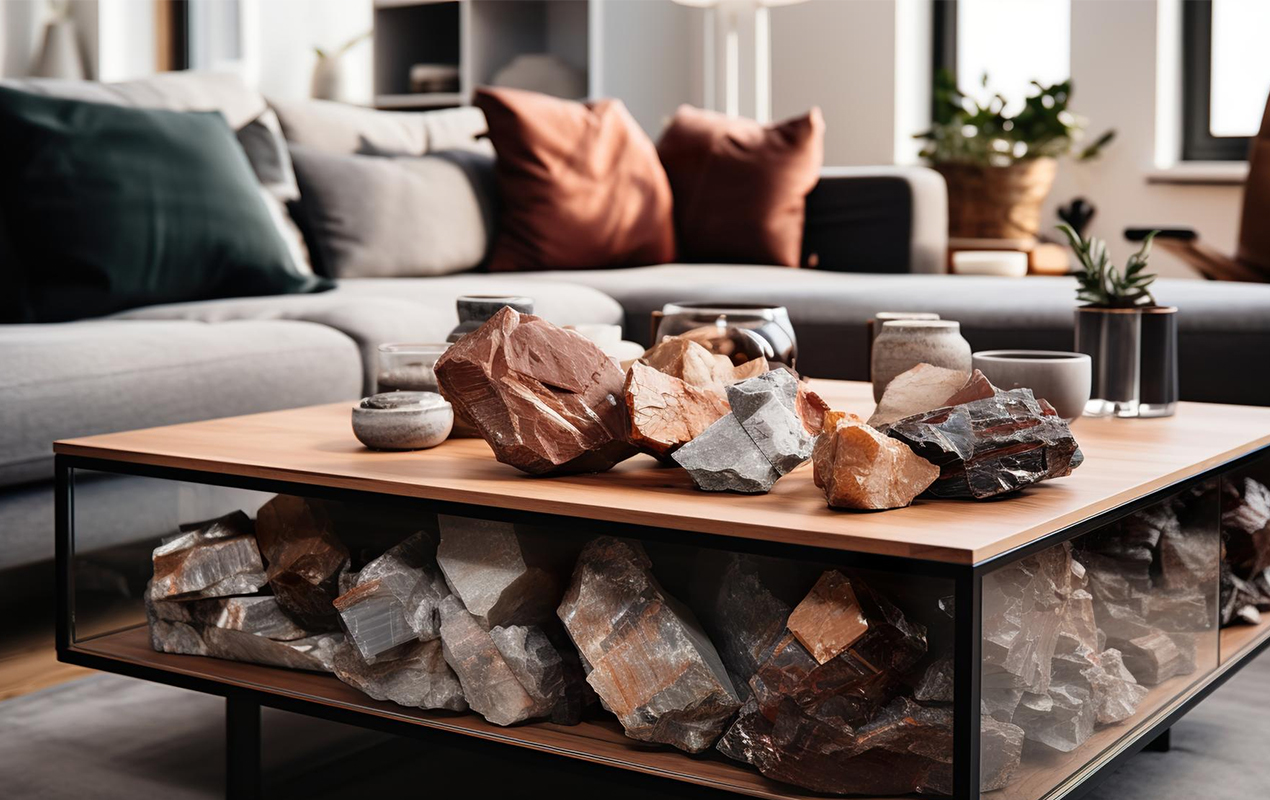 Overcrowded table decor with rocks