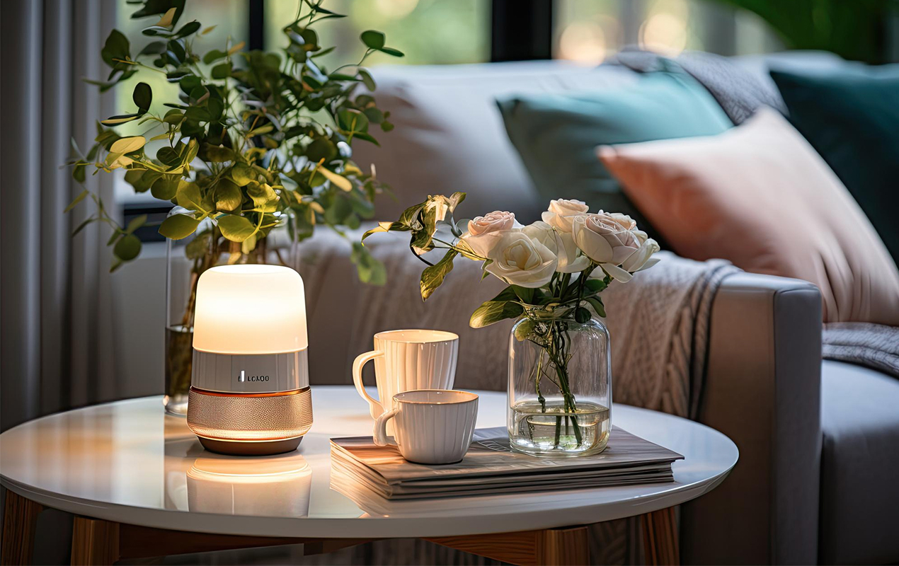 Flowers, lamp, and serving tray