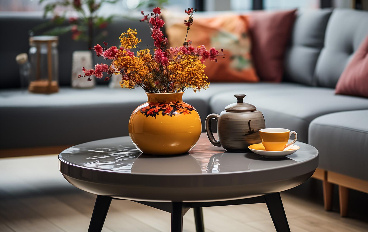 Glossy table with vibrant decor