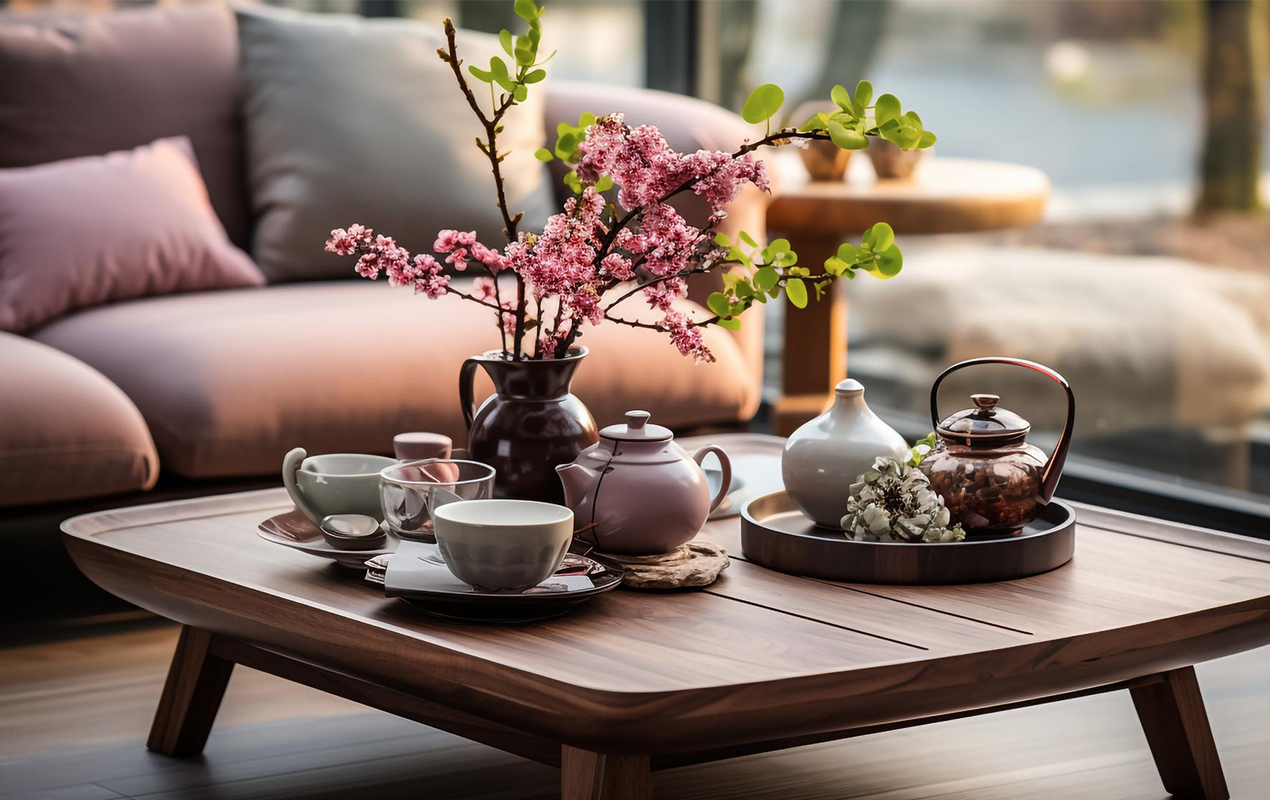 Living room tea set and colorful decor