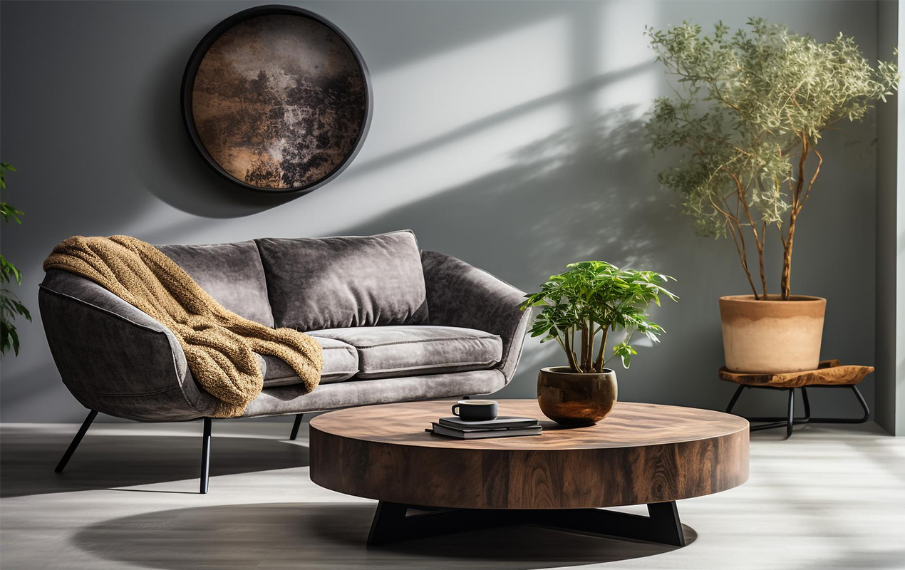 Gray living interior with dark wood table