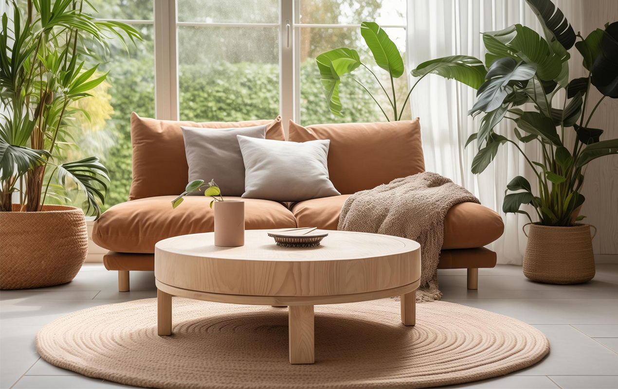 how to make a round coffee table with greenery and light wood 