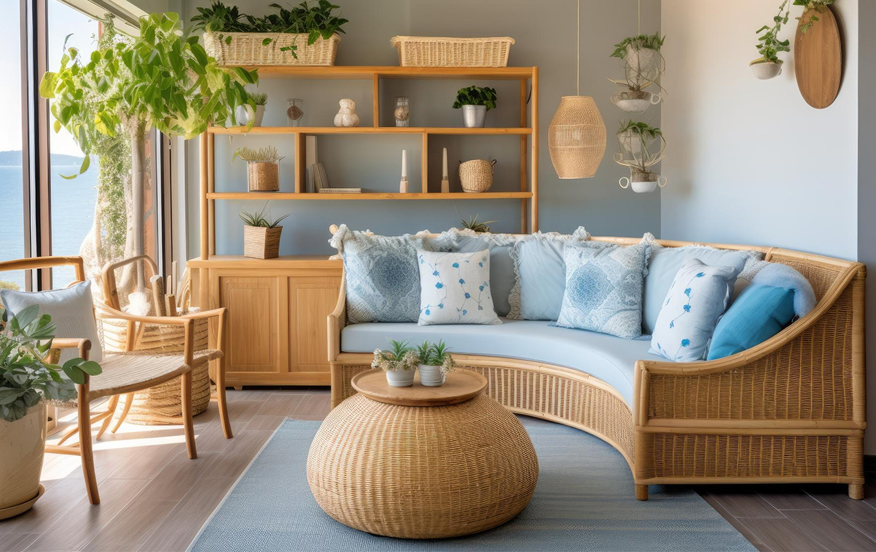 Coastal interior with adrum coffee table with cuvred sofa 