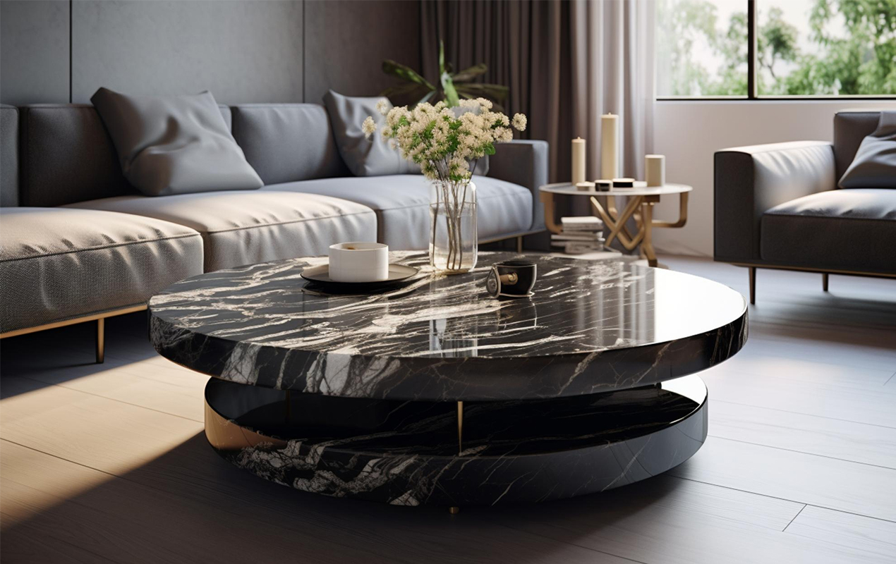 Living room with round black table