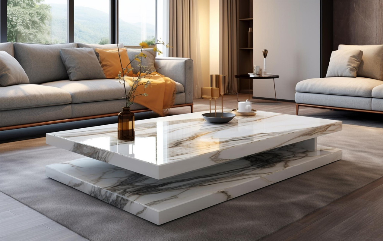 Rectangular coffee table with marble finish