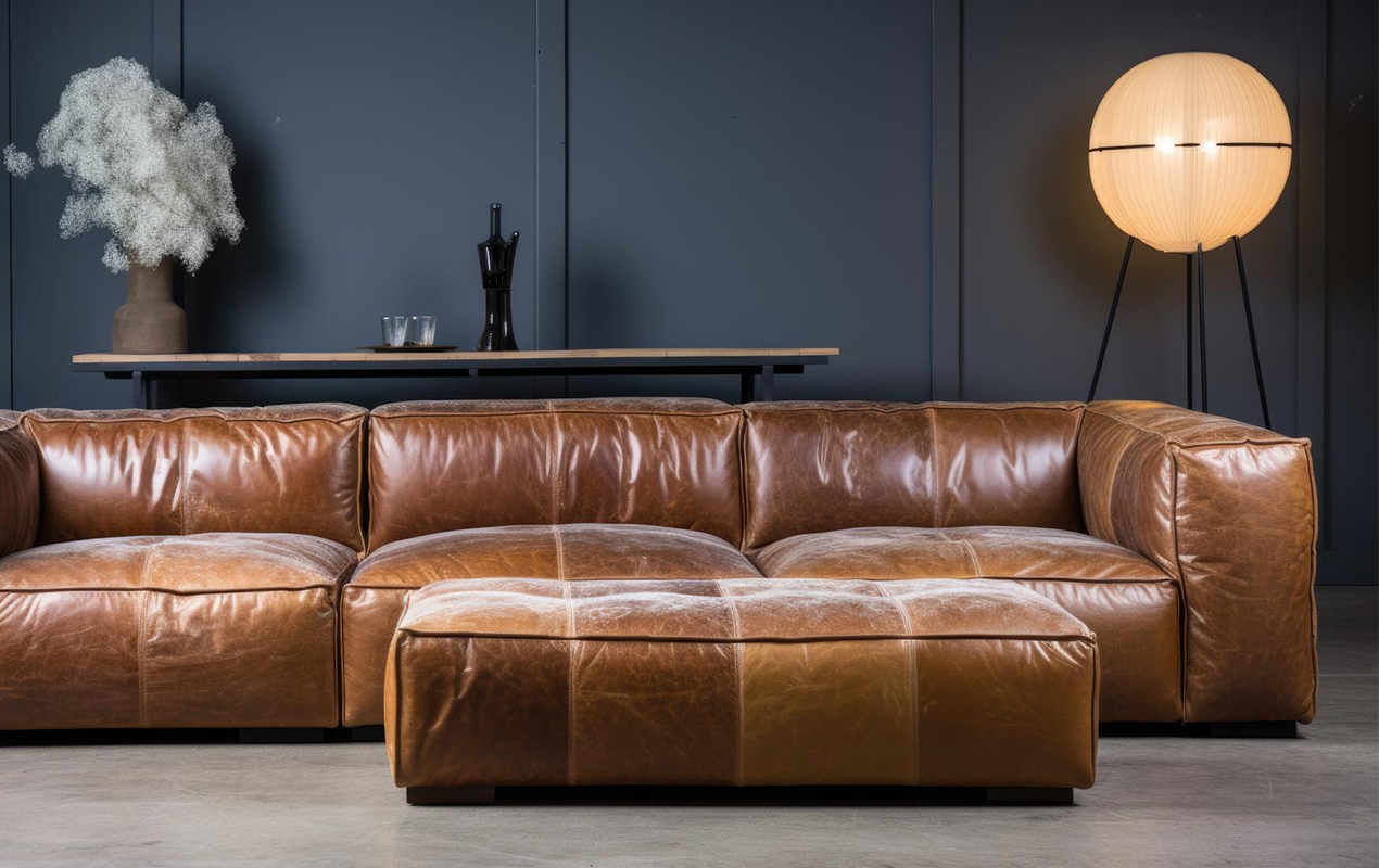 Home interior with brown sofa and table