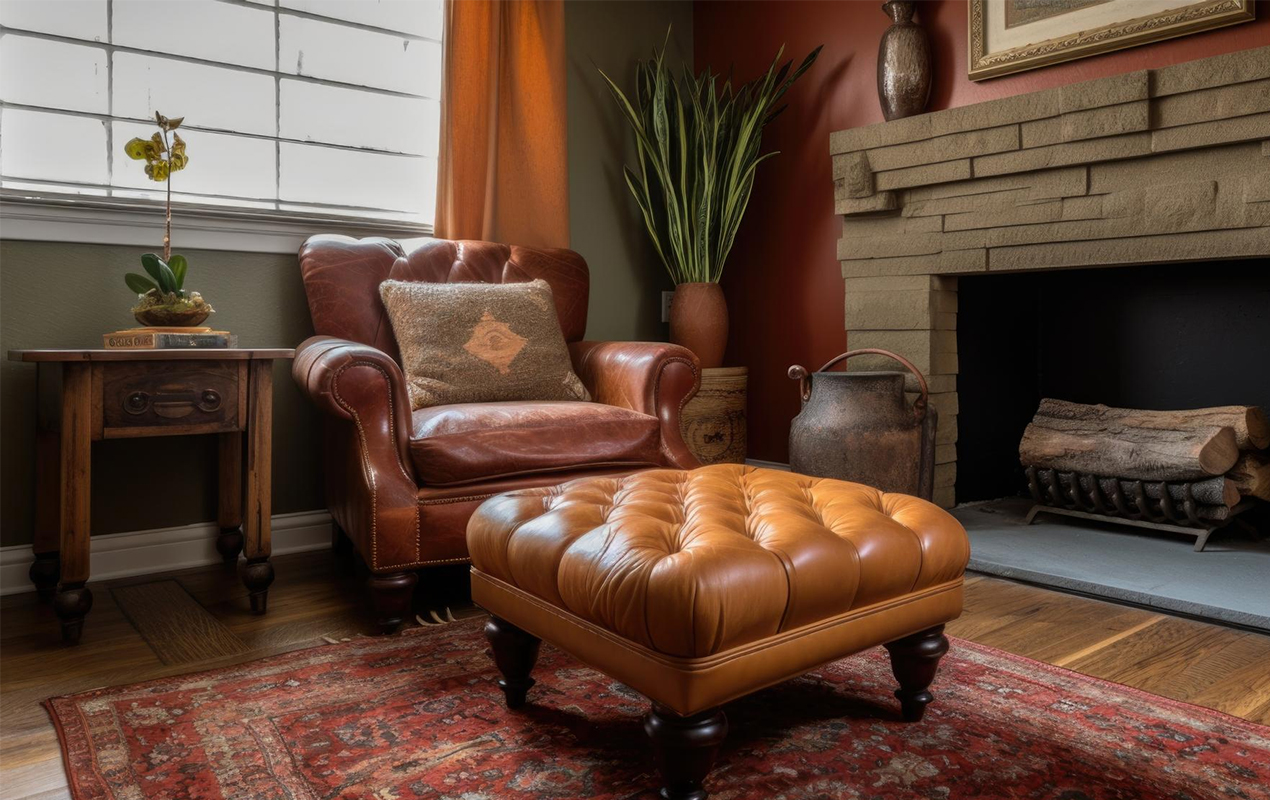 Vintage living interior with sqaure leather coffee table