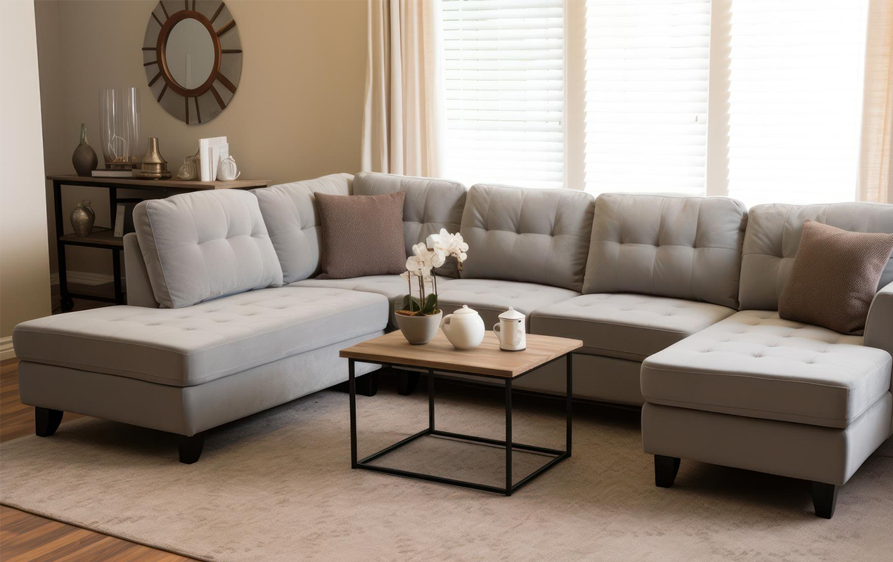 Home interior with gray sofa and small coffee table