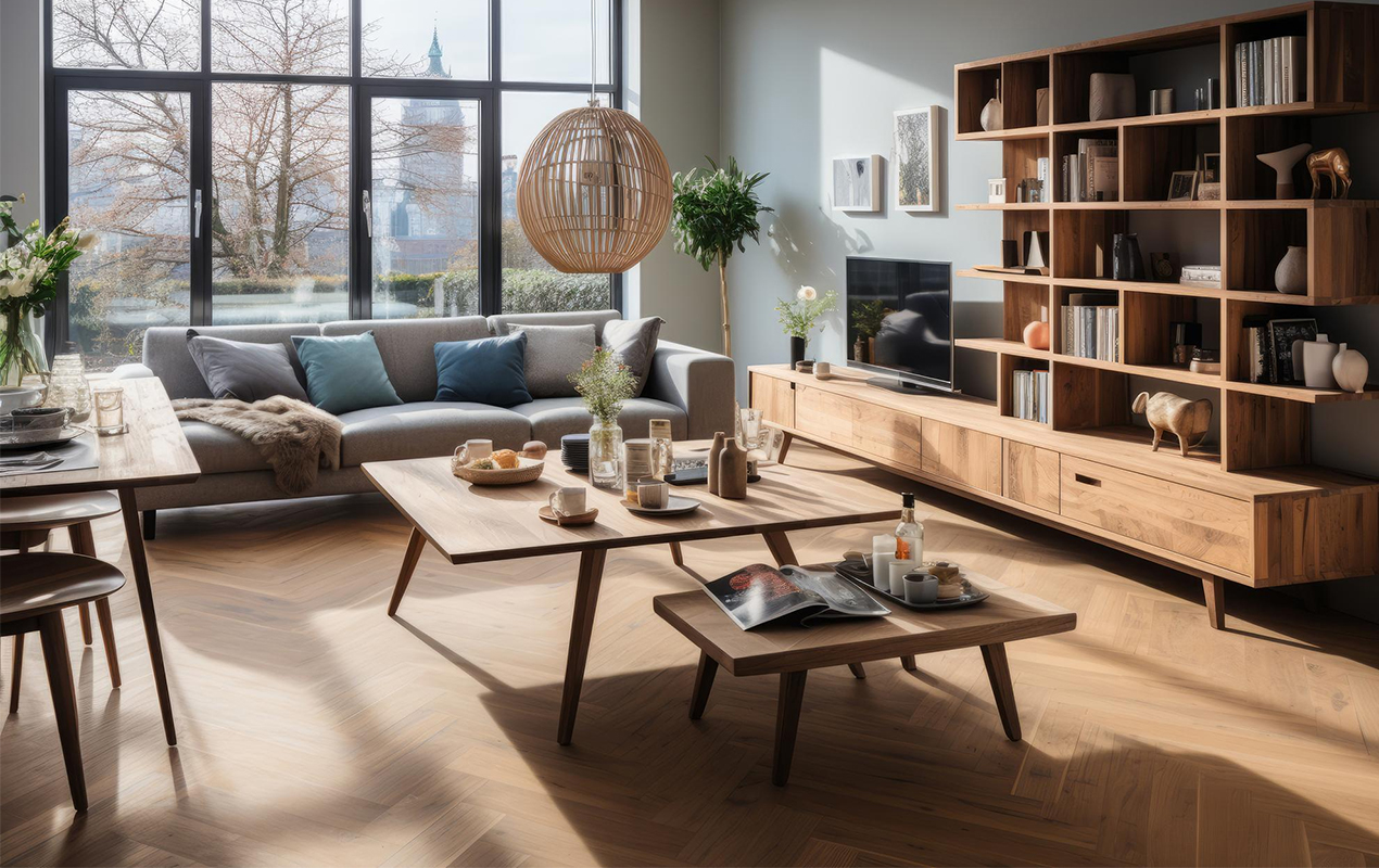 Apartment Interior with wood tables and shelving units