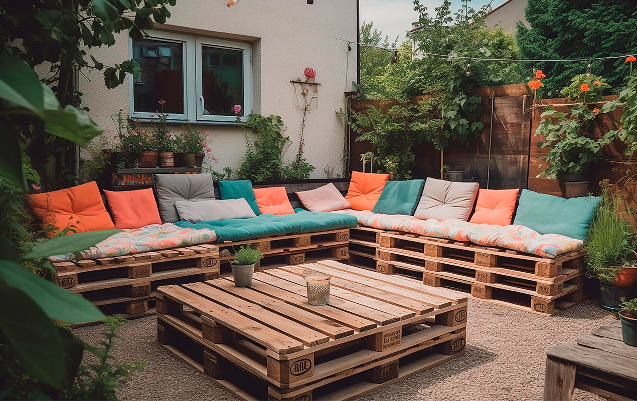 Patio setting with wooden furniture