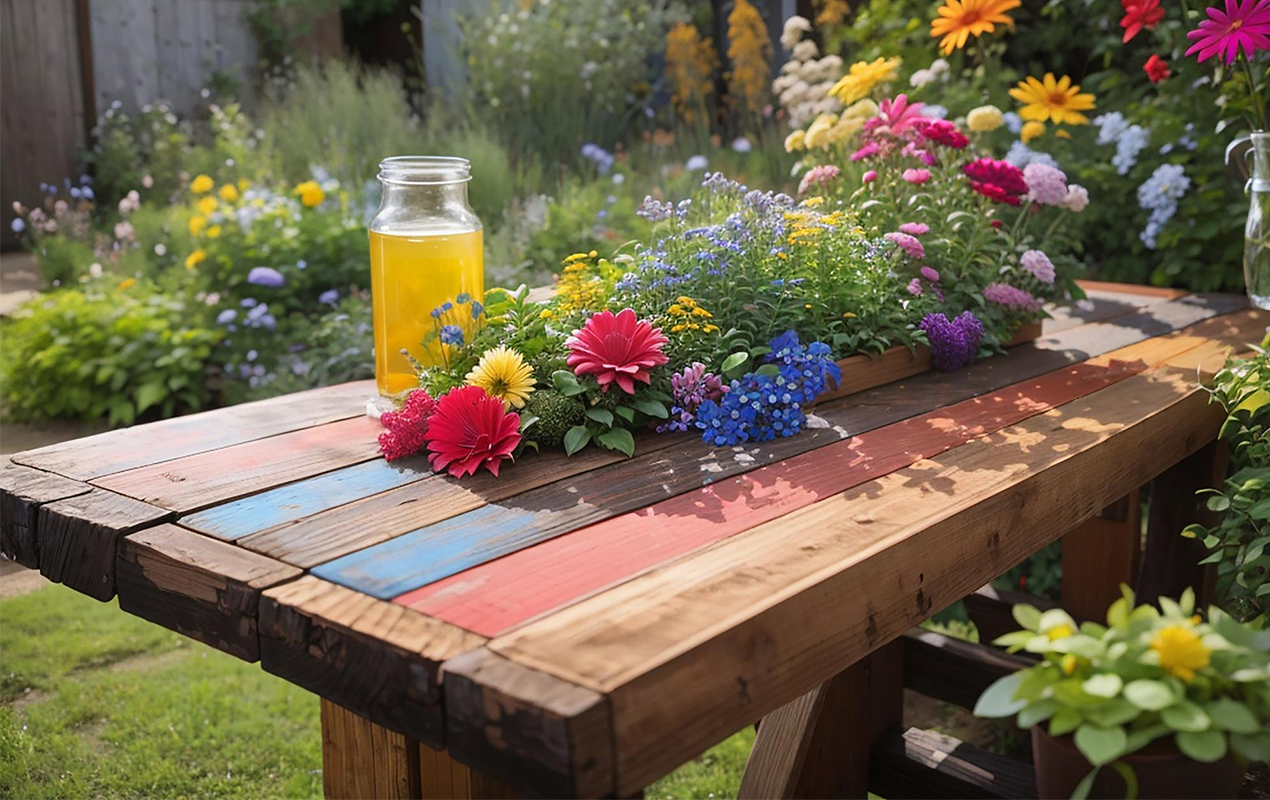 Outdoor painted coffee table with flowers and greenery