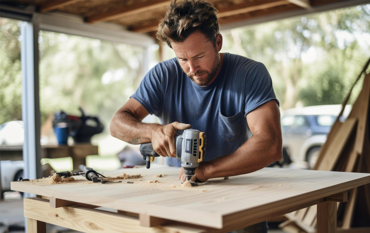 Man woodworking a DIY coffee table