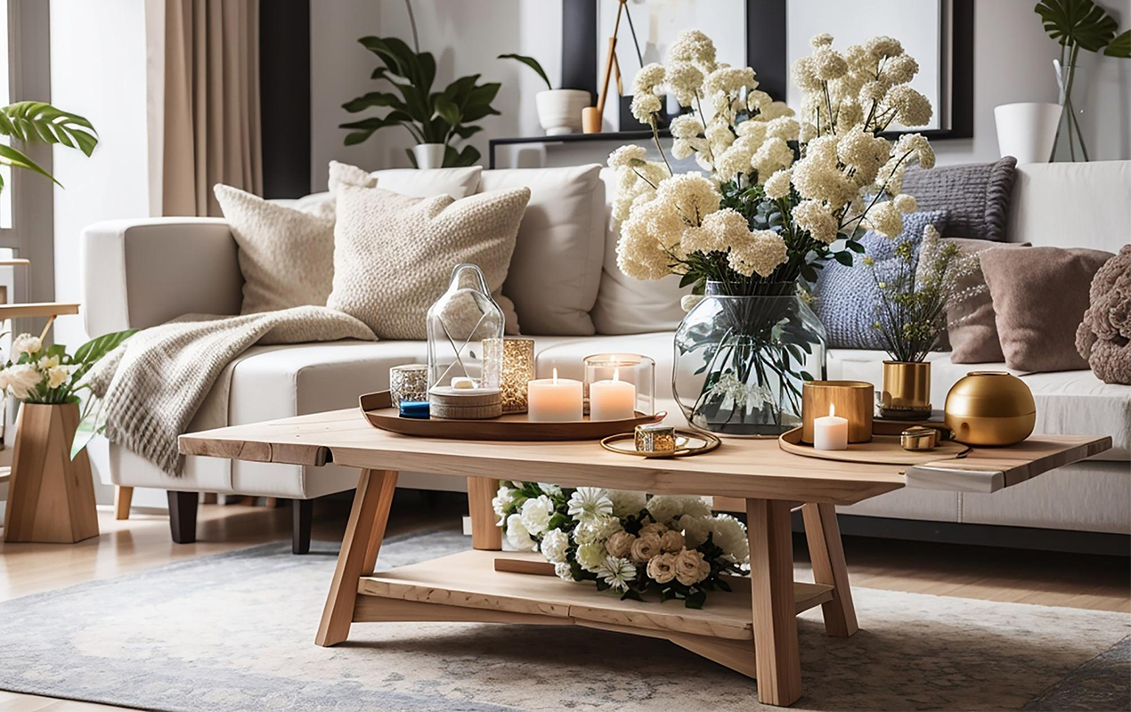 Living room with rectangular farmhouse coffee table and flowers