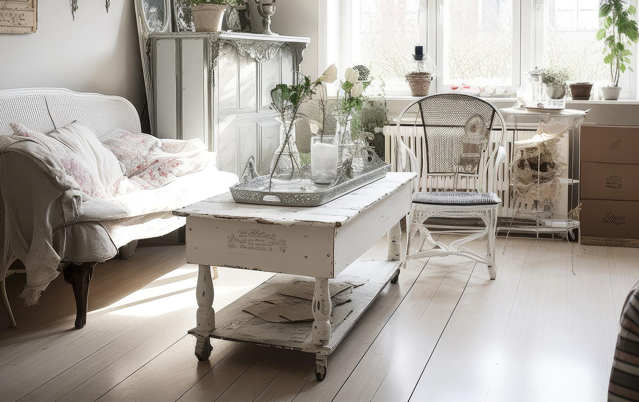 White coffee table in shabby chic interior
