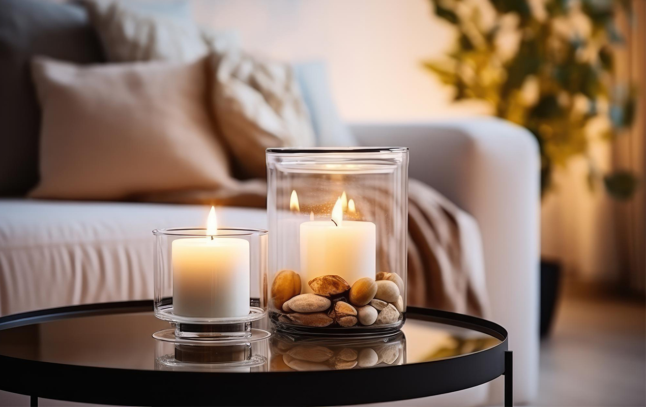 Round stained glass coffee table with pillar candles