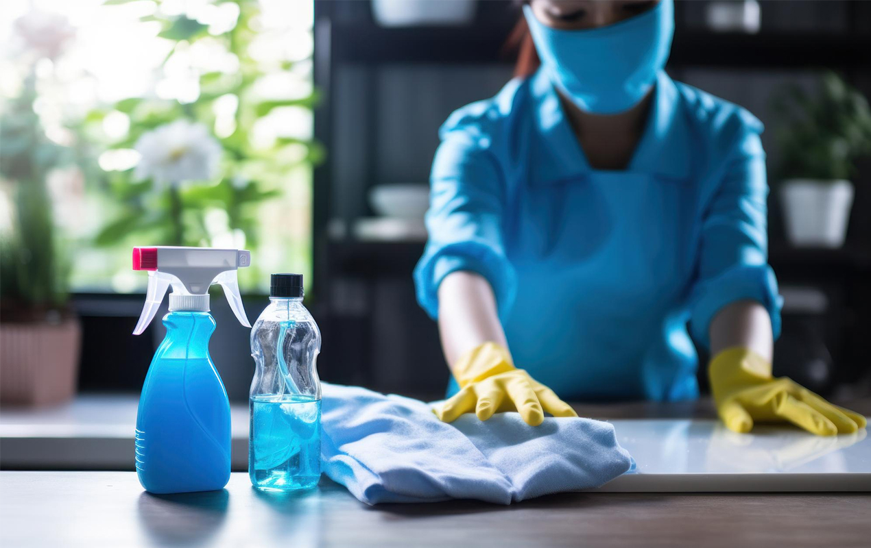 Woman using cleaning products to remove candle wax from glass coffee tables