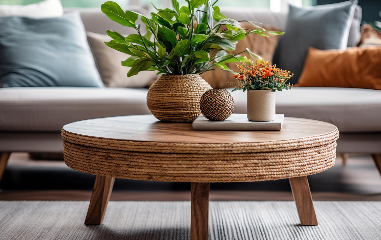 Round coffee table with decorative planters and greenery.