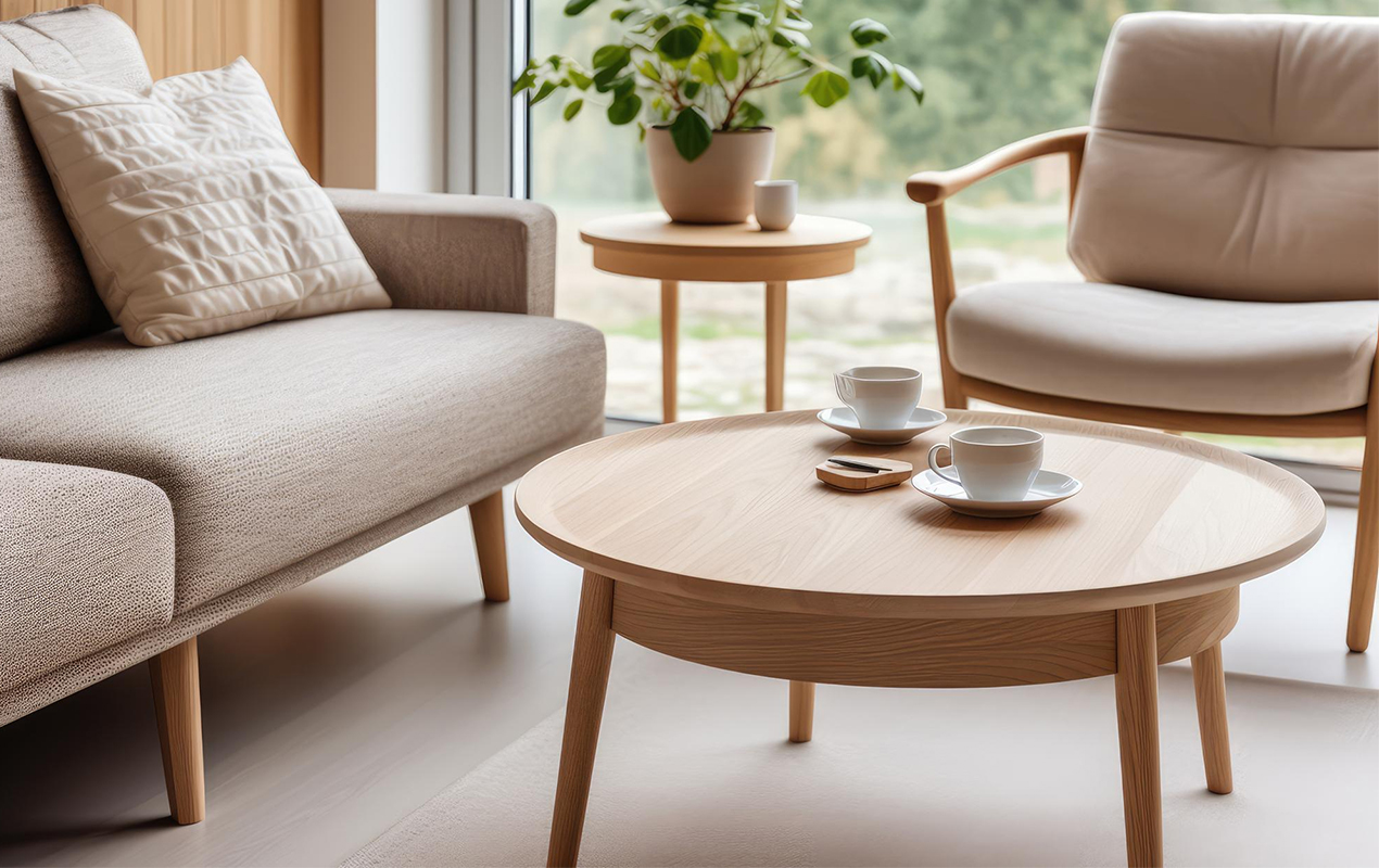 Living room with light wood table and white sofa