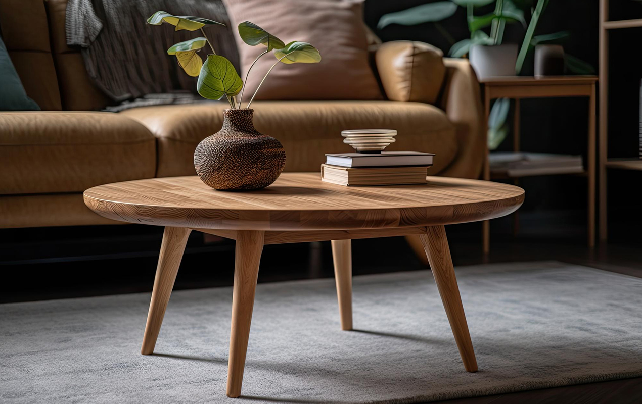 Living room with wooden coffee table and decor