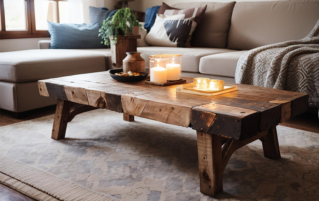 Living interior with rustic table