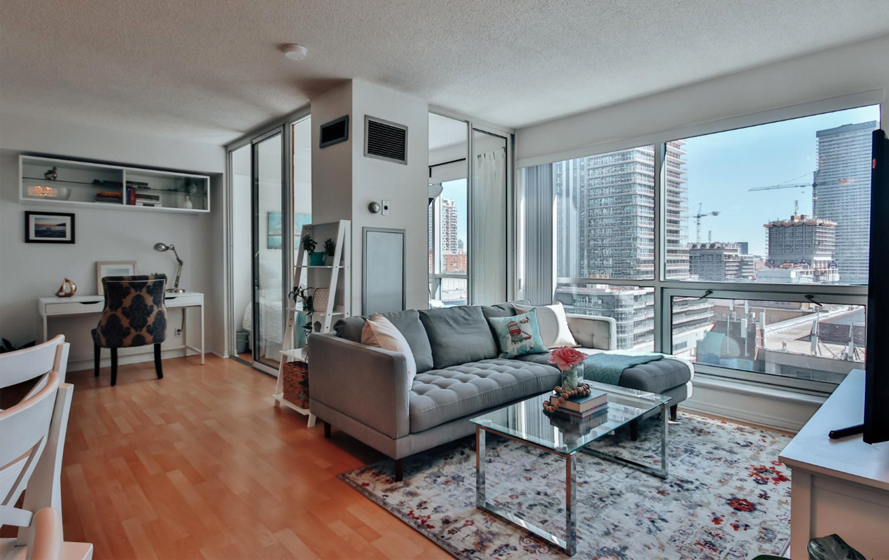 Apartment interior with large glass windows