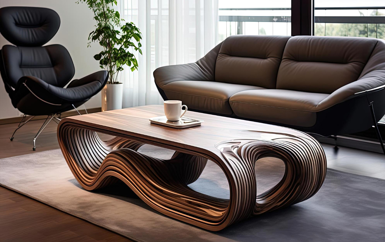 Wooden interior with geometric furniture