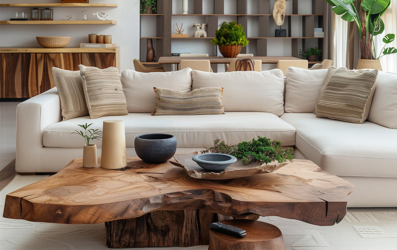 White living room interior with rustic accents